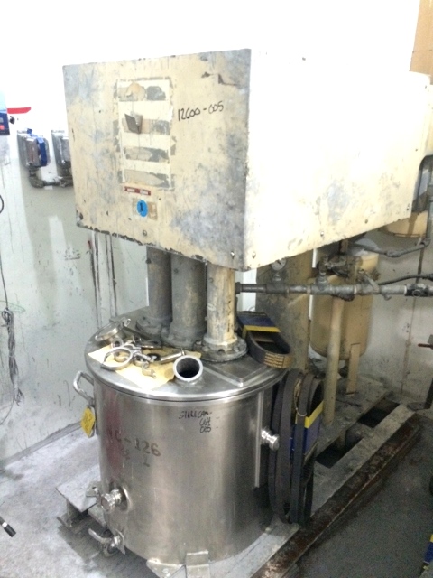 ***SOLD*** Used Ross Model PVM 40 triple motion stainless steel Vacuum rated mixer.  40 gallon.  Stainless steel jacketed change can 50 psi. Tri-Shaft Vacuum mixer. 7.5 HP and 5 HP Explosion proof motors.  Triple mixers including (1) three wing anchor agitator with scrapers on side and bottom of can and  (2) High Speed disperser (one shaft is carbon steel, all other shafts/blades stainless steel).  Change can is on castors. Can serial number 11012-1A, National board number 414.  Built 1994.   Hydraulic lift.
